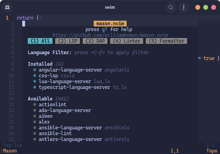Mason instalado no Neovim, com alguns LSPs instalados