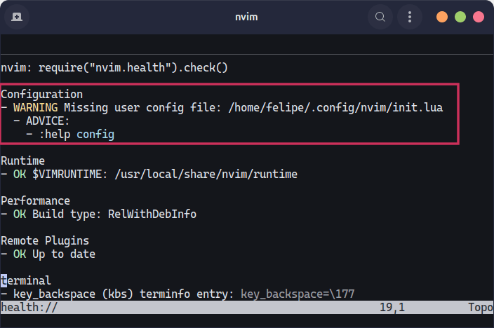 Imagem do resultado do comando checkhealth