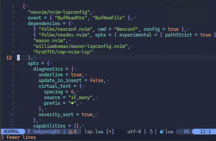 Gif do LSP funcionando com o LSP da linguagem lua dentro do Neovim