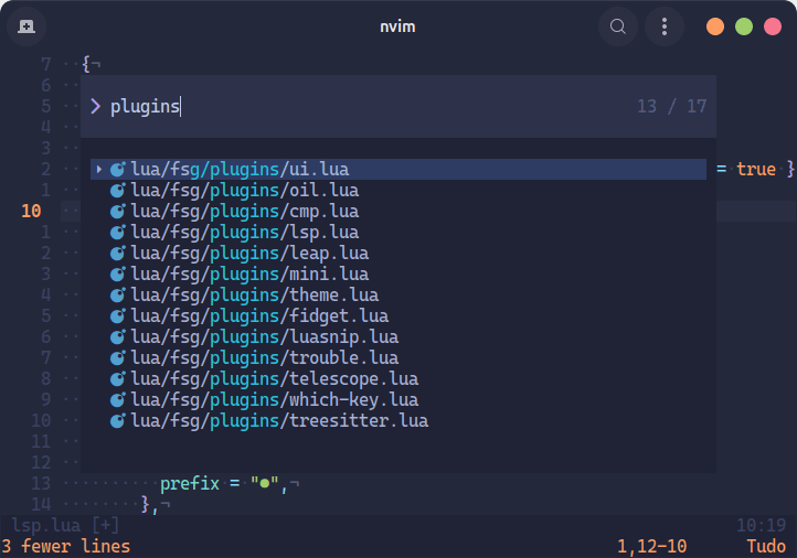 Telescope rodando no Neovim com o file picker