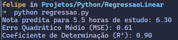 Exemplo de saída do terminal do script de regressão linear